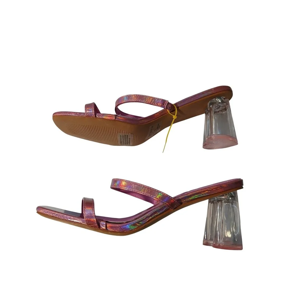 Iridescent Pink Square Toe Sandals Clear Heart Block Heel OM-P24-169 Womens 9‎